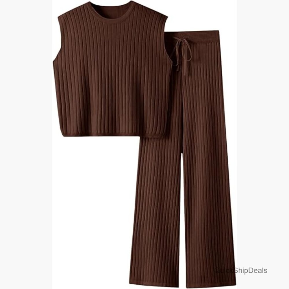 Nylon Polyester Rayon Knit Tracksuit Set Sleeveless Top Wide Leg Pants